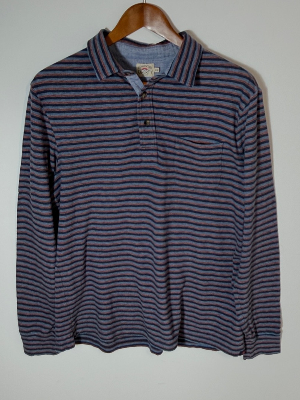 Faherty Striped Long Sleeve Polo Shirt Men’s Medium Blue Orange Pocket